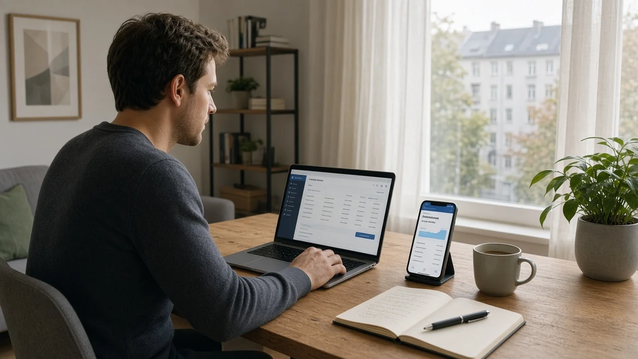 Person nutzt Laptop für Online-Banking in modernem deutschen Wohnzimmer.