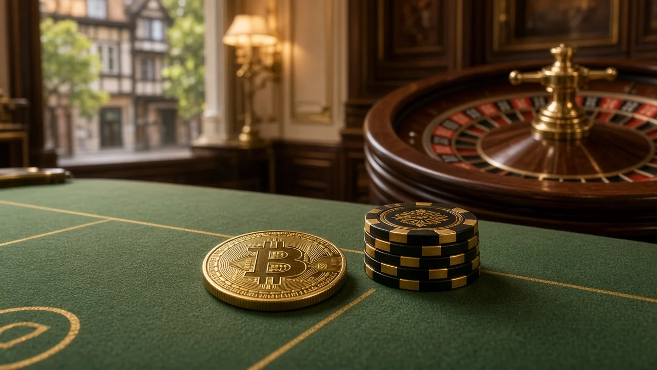 Bitcoin-Münze auf einem Casino-Tisch mit Jetons und Roulette-Rad
