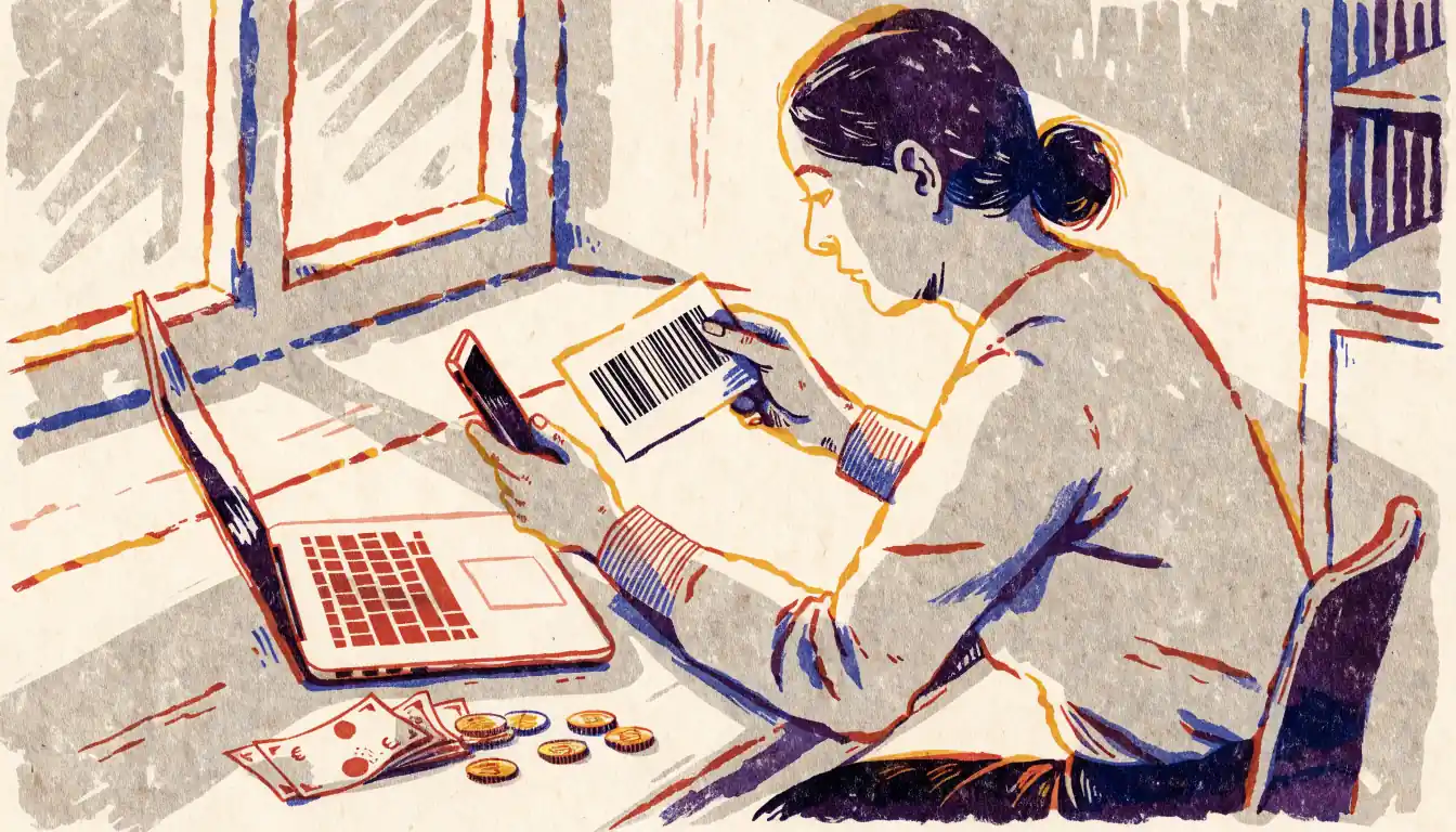 Person zu Hause am Schreibtisch mit Laptop, Smartphone und einem CashtoCode-Beleg auf dem Tisch.