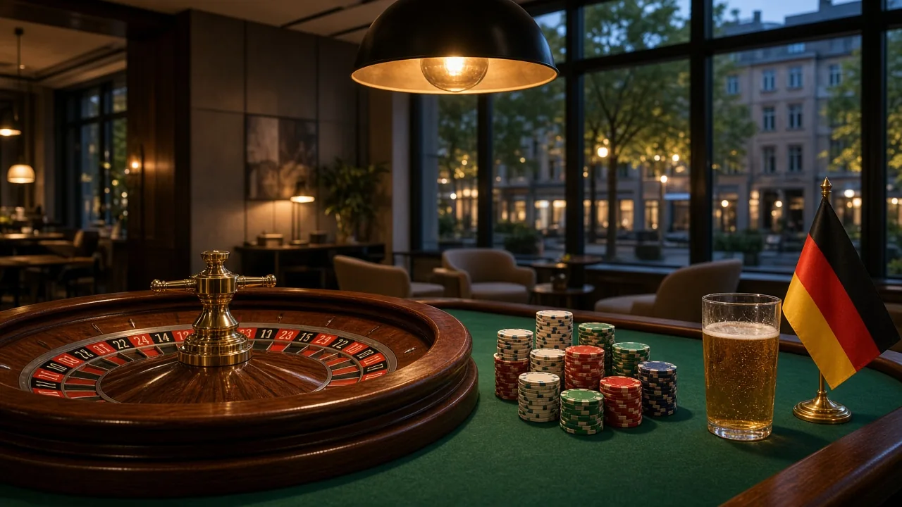 Innenraum eines deutschen Casinos mit Roulette und Spielchips.