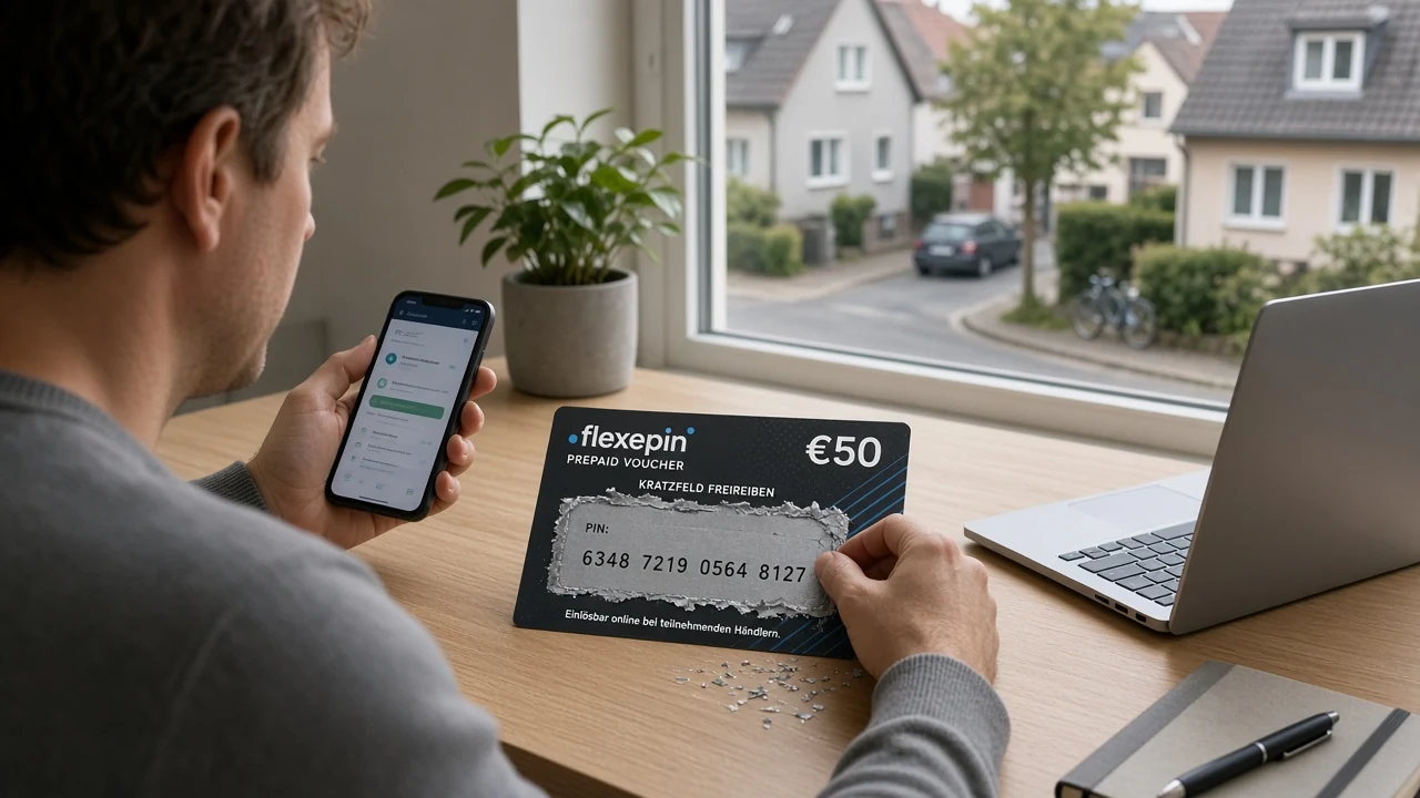Schreibtisch mit Laptop, Smartphone und Flexepin-Gutschein im Tageslicht