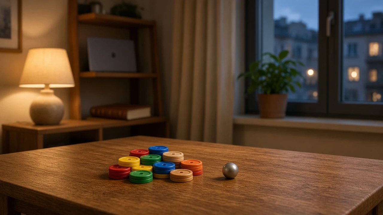 Abendliche Wohnzimmerszene in Deutschland mit Plinko-Chips und Ball auf dem Tisch.