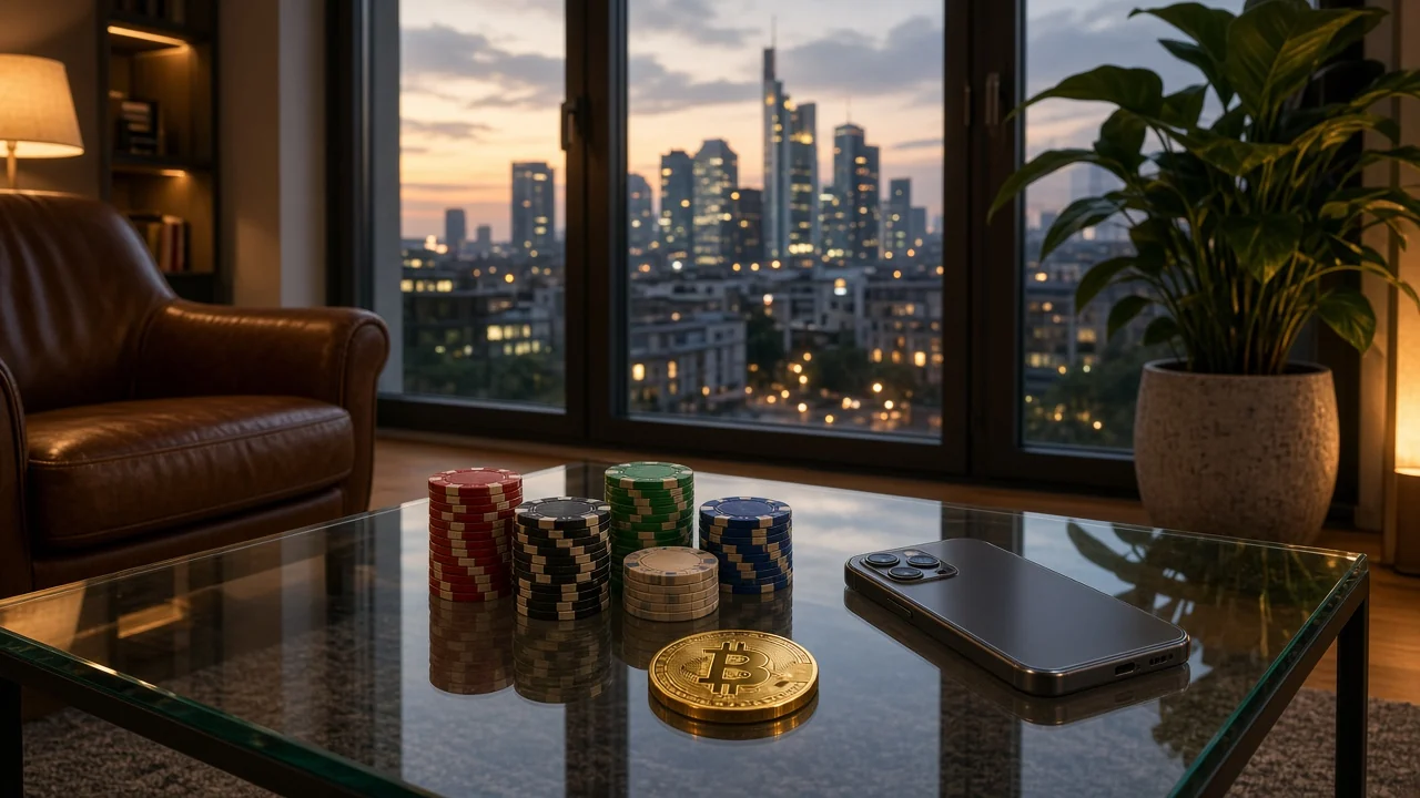 Modernes deutsches Wohnzimmer mit Casino-Chips und Bitcoin-Münze auf dem Tisch bei Dämmerung