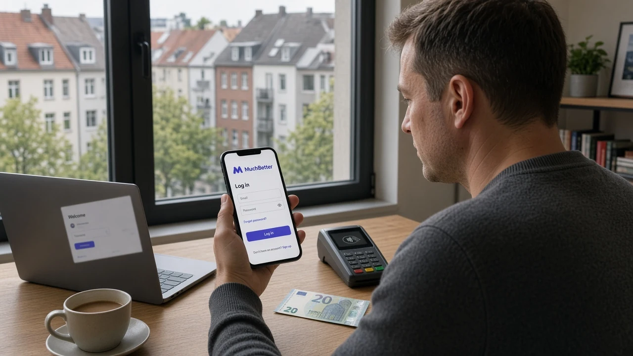 Spieler mit Smartphone und MuchBetter-App am Schreibtisch
