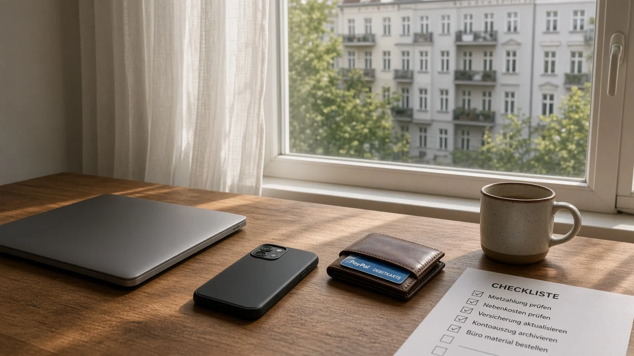 Deutscher Schreibtisch mit Laptop und PayPal-Karte in moderner Wohnung