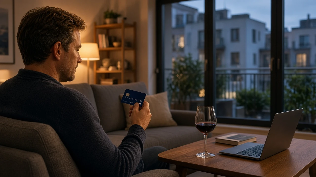 Person mit Visa-Karte und Laptop beim entspannten Online-Zahlen abends