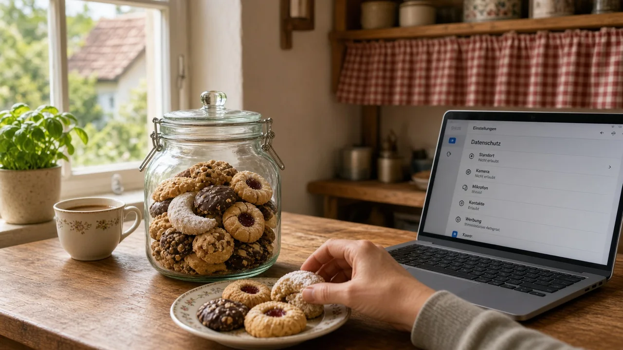 Gläser mit Plätzchen neben einem Laptop mit Datenschutzeinstellungen in einer deutschen Küche.