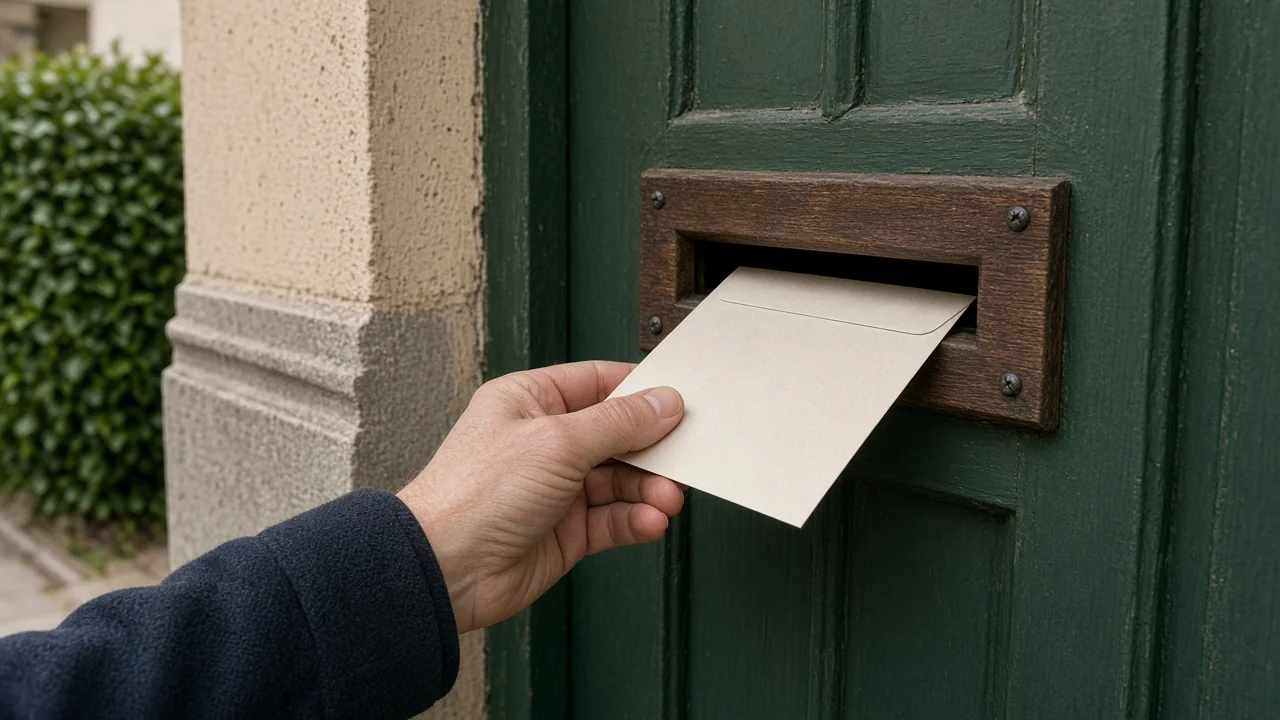 Hand legt einen versiegelten Brief in einen Briefkasten an einer traditionellen deutschen Hausfassade.