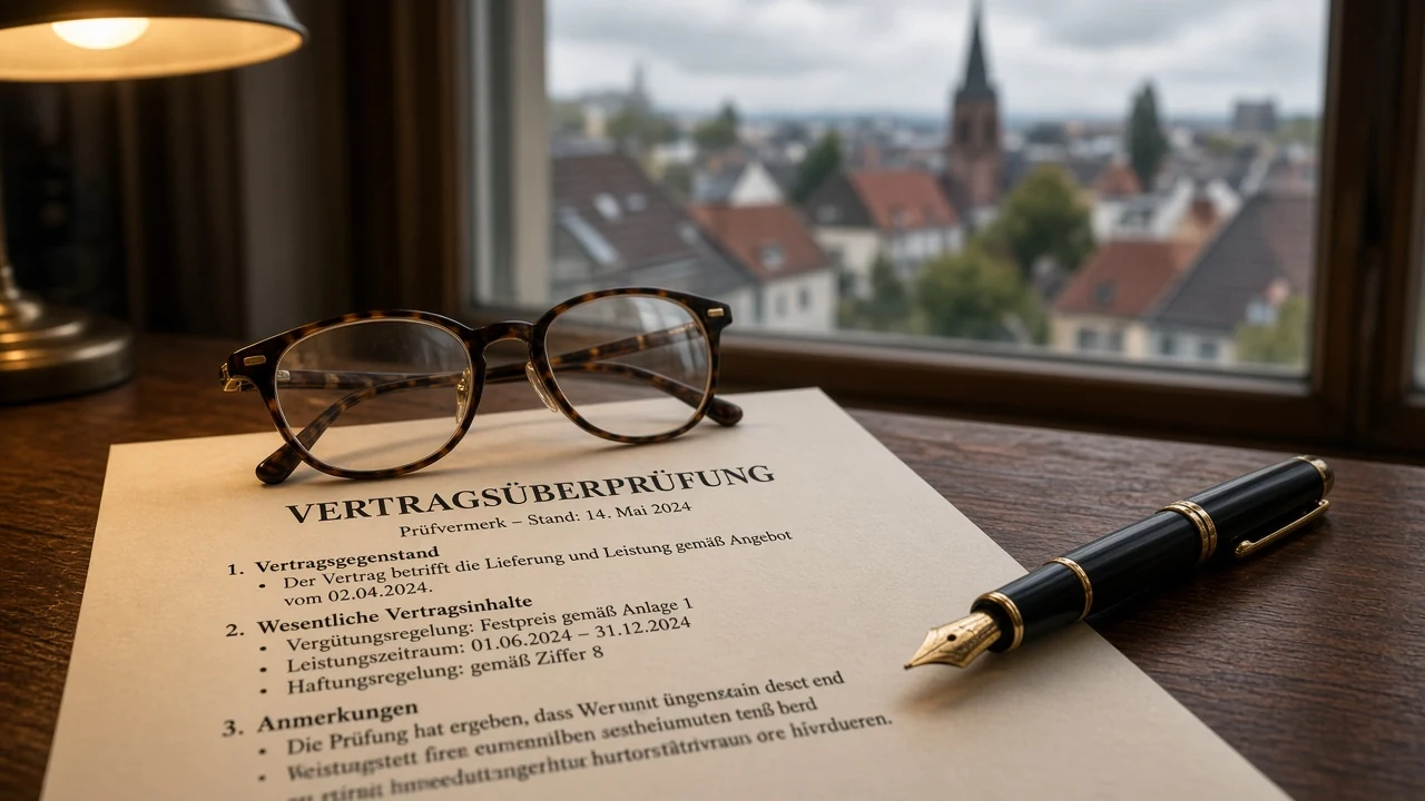 Formelles Dokument mit Lesebrille und Füllfeder auf einem Schreibtisch bei warmem Lampenlicht
