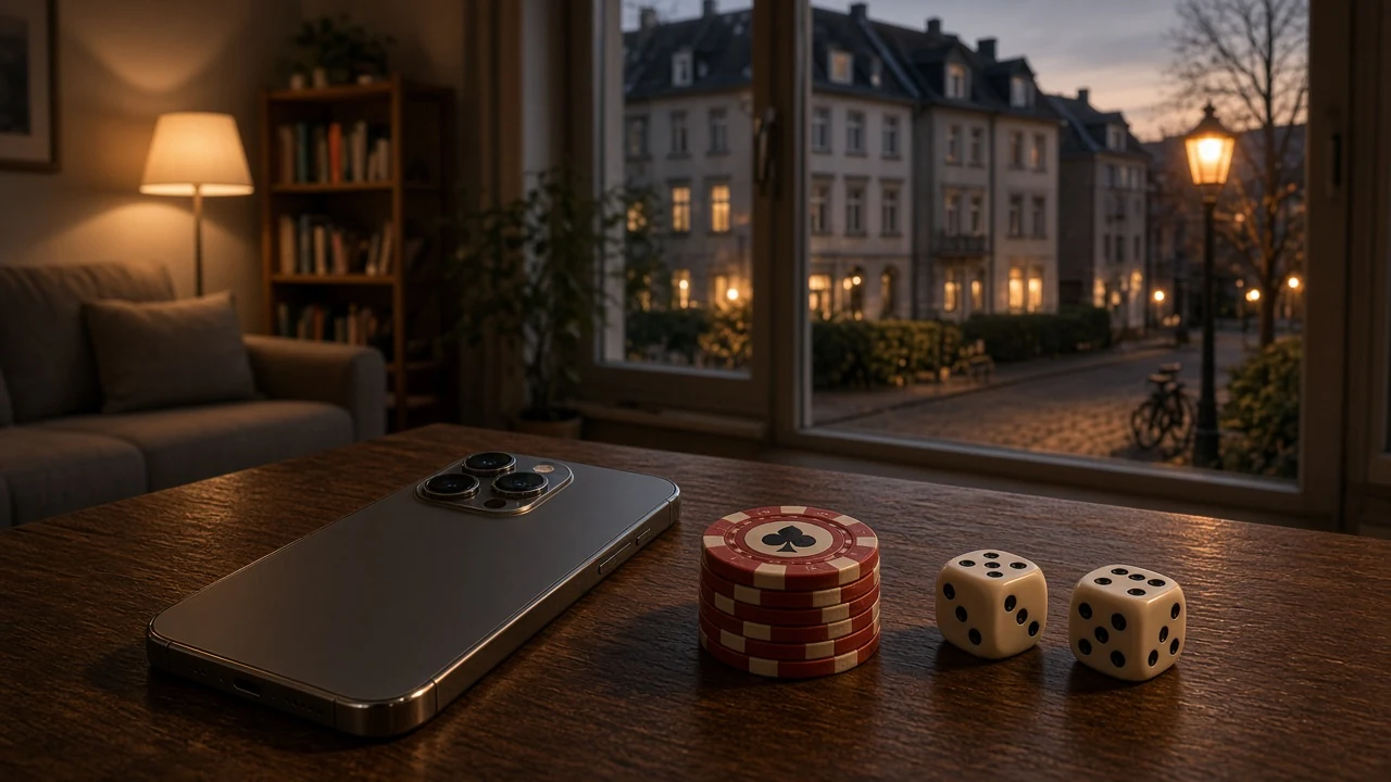 Smartphone mit Casino-Chips und Würfeln auf Holztisch in deutscher Wohnung