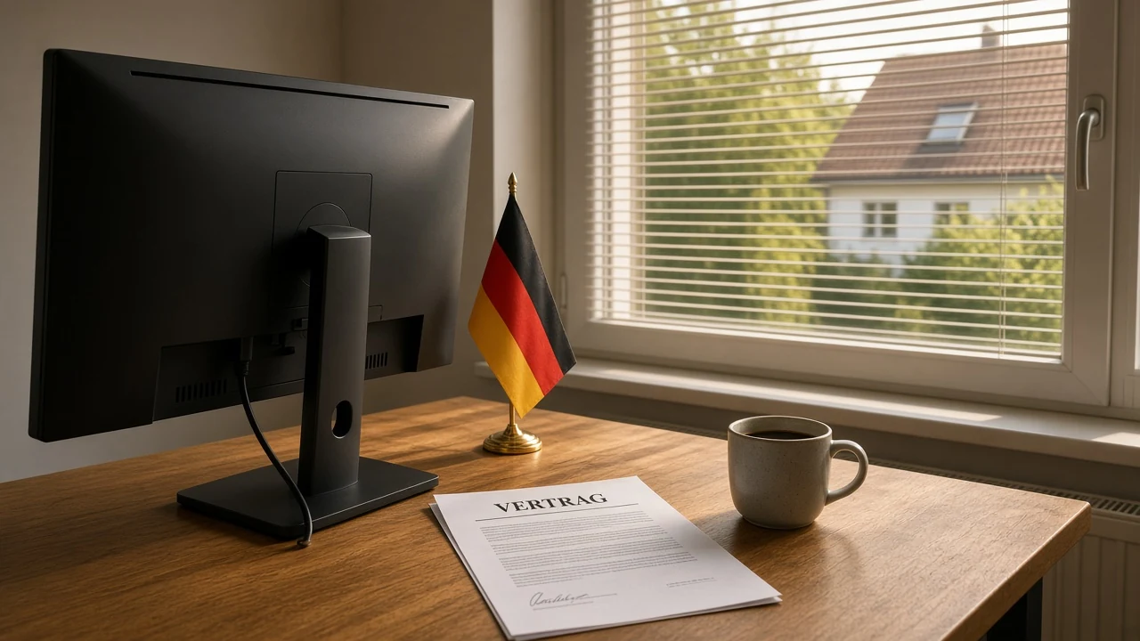 Schreibtisch mit PC, deutscher Flagge und Vertragsunterlagen in einem deutschen Heimbüro.