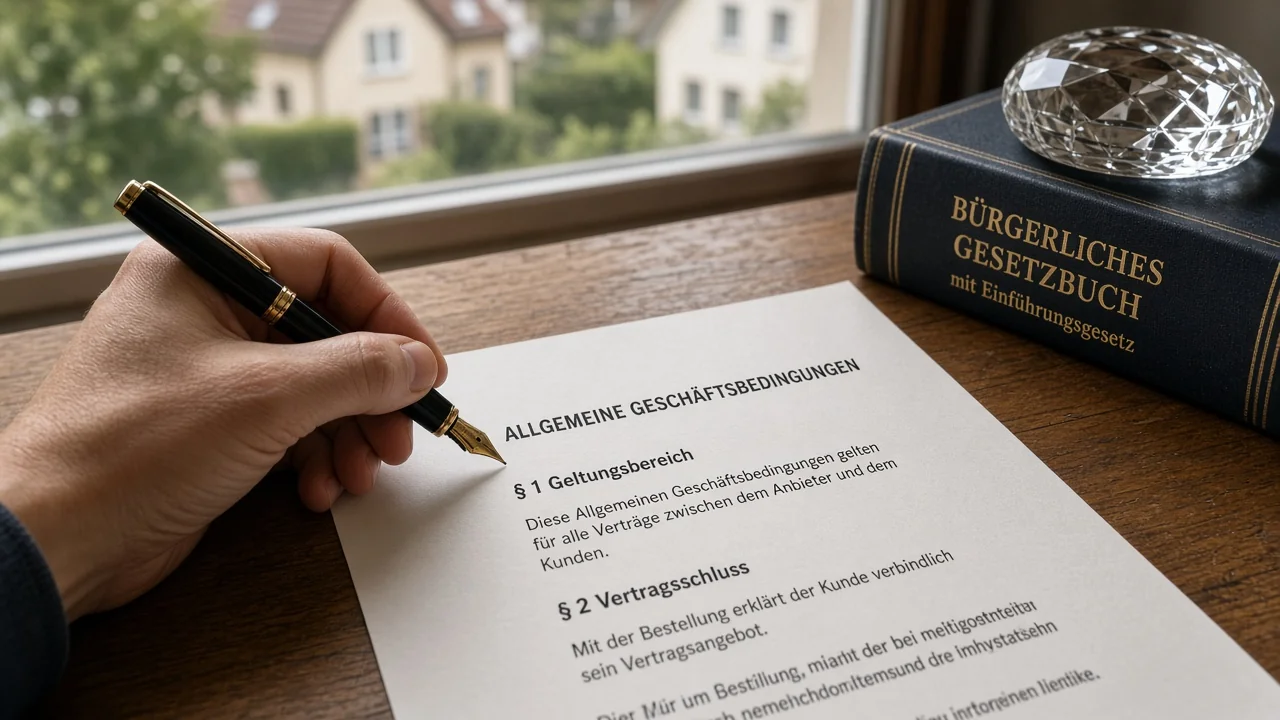Hand mit Füllfeder über Bonusbedingungen neben einem deutschen Gesetzbuch auf einem Schreibtisch.