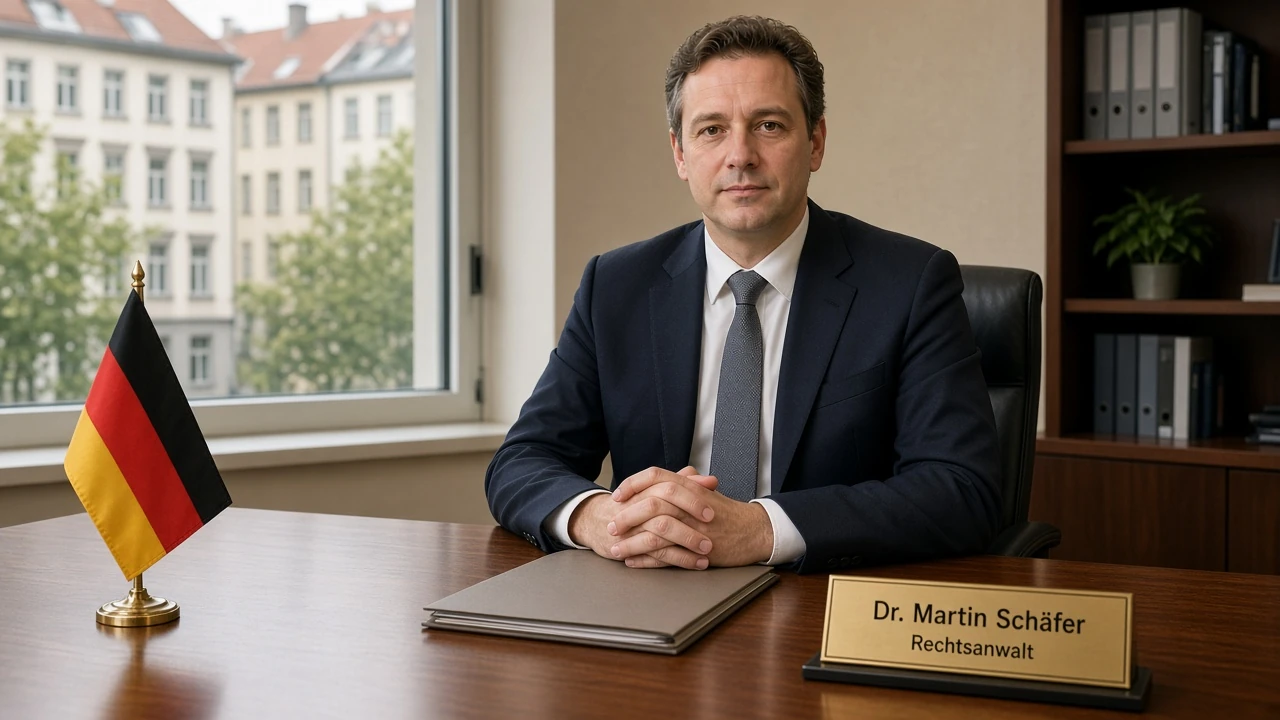 Anwalt im dunklen Anzug an einem Schreibtisch mit geschlossenem Ordner in einem deutschen Büro.