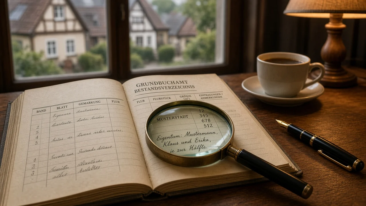 Lupe auf einem offenen amtlichen Register auf einem Schreibtisch mit Kaffeetasse.
