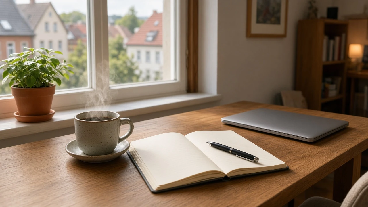 Heller Schreibtisch mit Notizbuch, Stift, Kaffeetasse und Pflanze am Fenster.