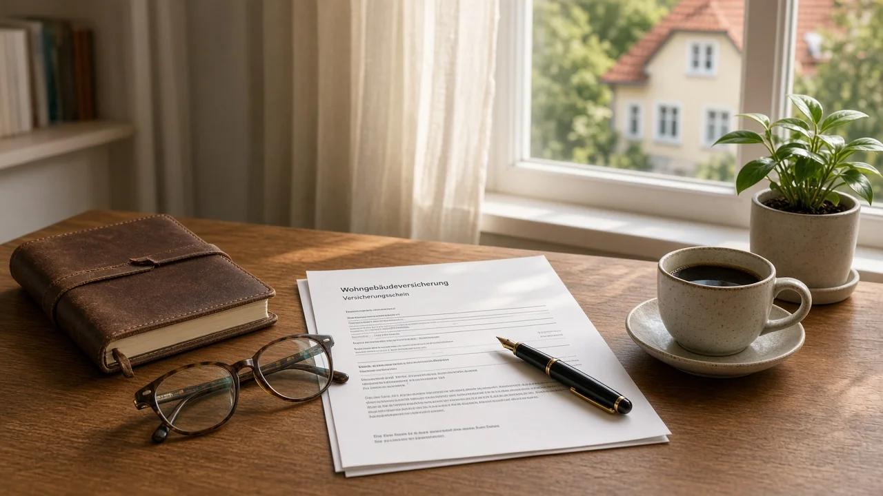 Schreibtisch mit Notizbuch, Stift und Vertragsunterlagen bei Tageslicht