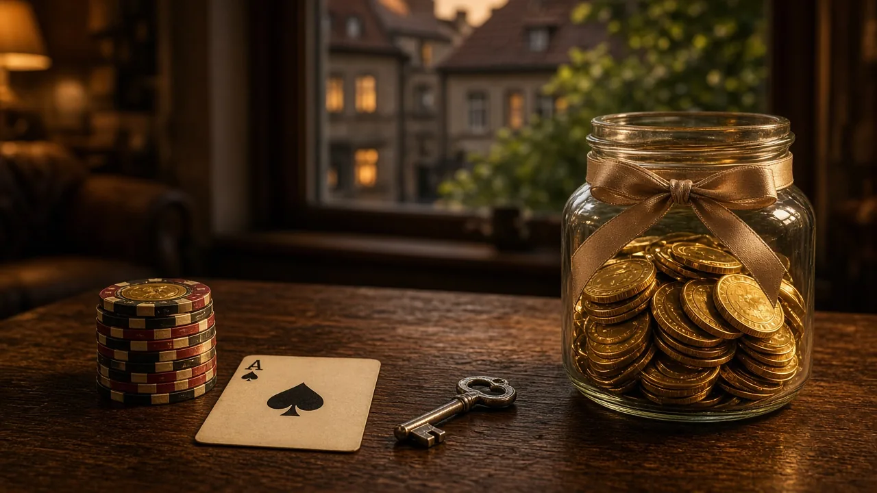 Casino-Chips, Spielkarten und ein Glas voller Goldmünzen auf einem Tisch