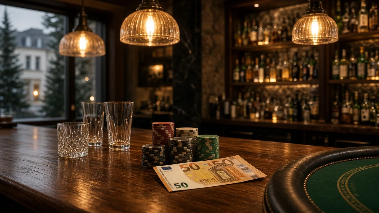 Casino-Bar mit gestapelten Chips und Euro-Schein unter warmem Licht