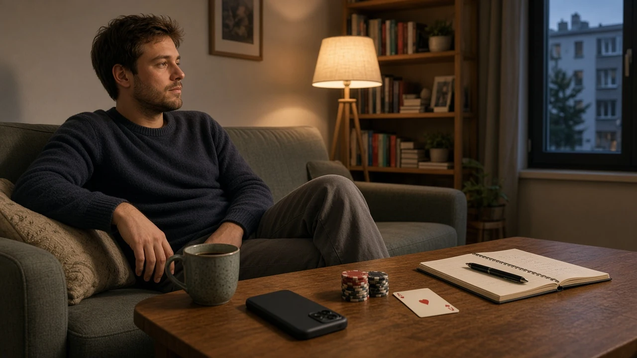 Junger Mann auf dem Sofa mit Smartphone, Casino-Chips und Spielkarte im warmen Wohnzimmer.