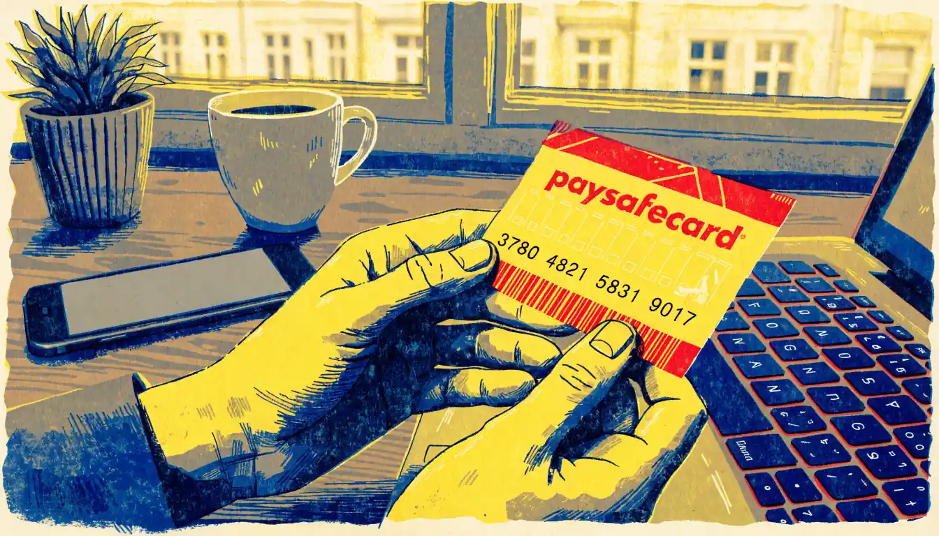 Hände halten einen Paysafecard-Gutschein neben einem Smartphone und Laptop auf einem Schreibtisch