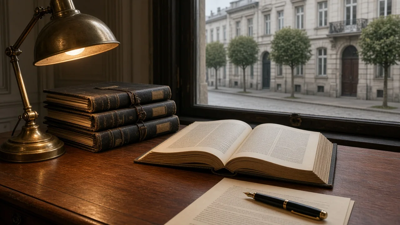 Schreibtisch in einem deutschen Anwaltsbüro mit Aktenordnern und Buch