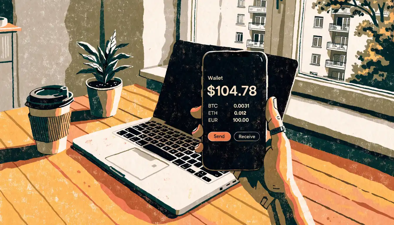 Smartphone mit Krypto-Wallet neben Laptop auf Schreibtisch in modernem Apartment
