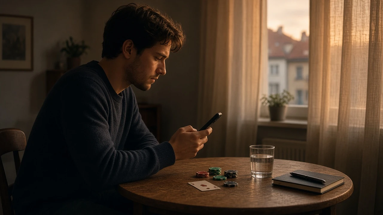 Nachdenklicher junger Mann allein mit Smartphone und Spielmarken zu Hause.